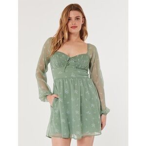 Hollister Green Floral Chiffon Babydoll Mini Dress Smocked Coquette Fairycore XS